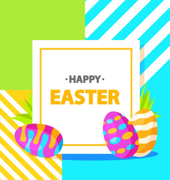 Festive banner. Happy Easter eggs on a grass the painted lie ornament. Flat illustration vector.