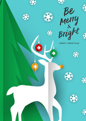 Merry Christmas card of paper cut craft reindeer
