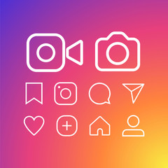 Hipster photo camera icon. Like and Chat speech bubble sign. Vector