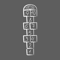 Hopscotch with sun.childrens game drawn with white chalk.playground with numbers.isolated vector illustration.