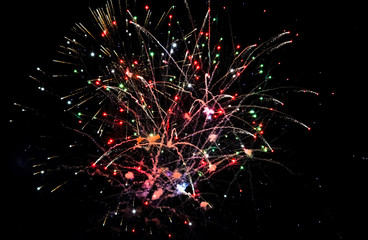 Colorful fireworks in the sky on black background. Festive colorful fireworks in the night sky.