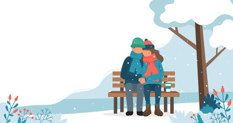 Loving couple on the bench in winter. Cute vector illustration in flat style.
