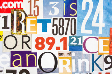 Random collage of pieces of colorful gloss magazine paper with letters and numbers. Modern abstract...