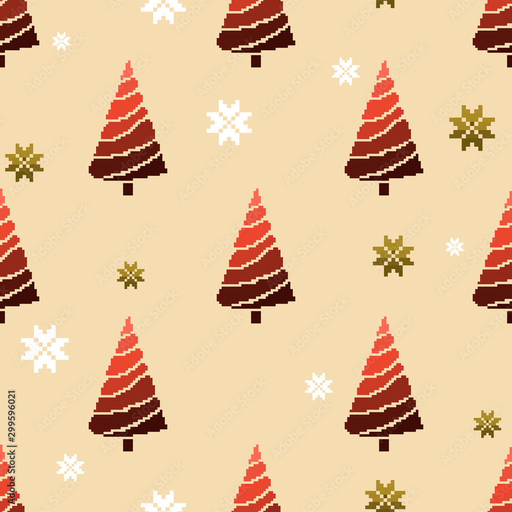 Aufkleber seamless pattern of christmas tree with snowflakes. vector illustration in pixel art style. 8 bit. p