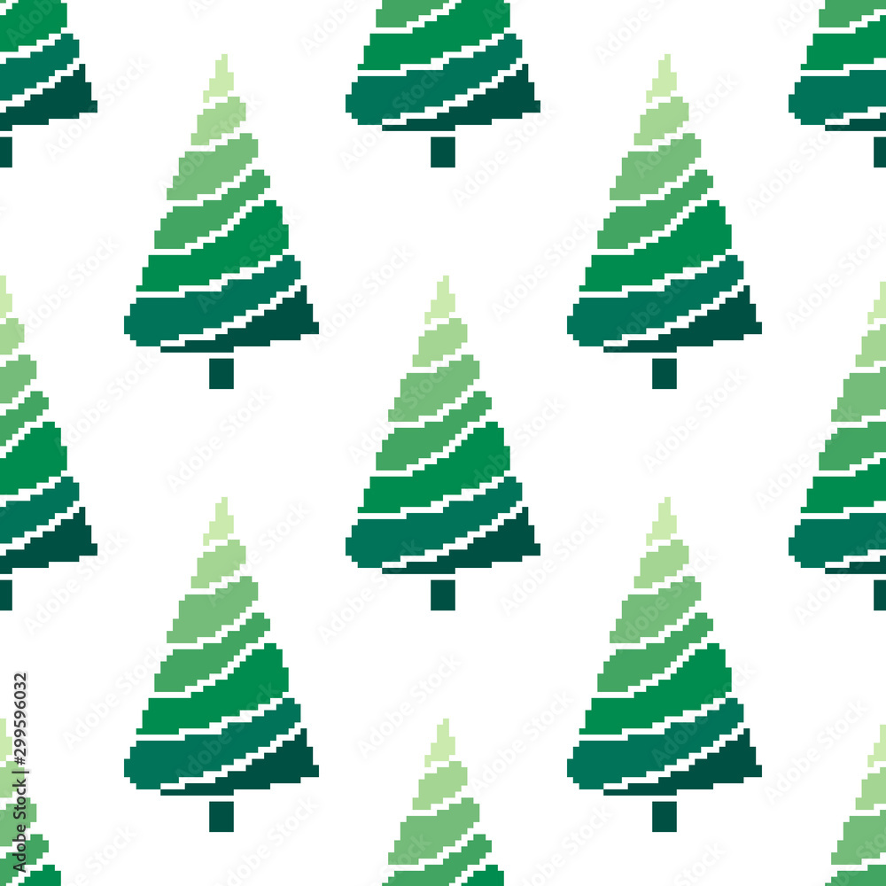 Poster seamless pattern of christmas tree with snowflakes. vector illustration in pixel art style. 8 bit. p