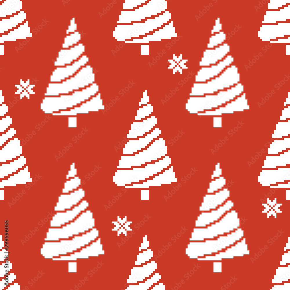 Poster seamless pattern of christmas tree with snowflakes. vector illustration in pixel art style. 8 bit. p