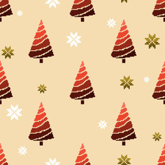 Obraz premium Seamless pattern of christmas tree with snowflakes. Vector illustration in pixel art style. 8 bit. Pixel illustration.