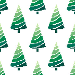 Seamless pattern of christmas tree with snowflakes. Vector illustration in pixel art style. 8 bit. Pixel illustration.