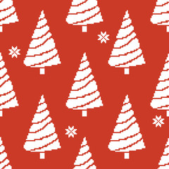 Seamless pattern of christmas tree with snowflakes. Vector illustration in pixel art style. 8 bit. Pixel illustration.