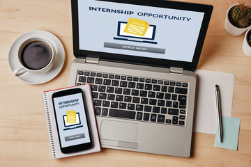 Internship concept on laptop and smartphone screen
