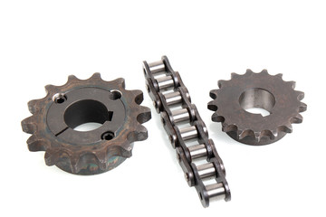 driving chain sprockets and roller chain on a white background