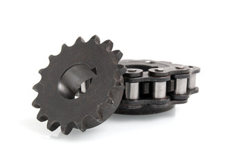 driving chain sprockets and roller chain on a white background