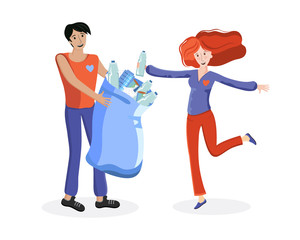 Volunteers picking up plastic garbage into bags outdoor. People collecting trash. Volunteering, ecology, environment concept. Cartoon flat illustration. Sorting and recycling waste.