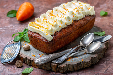 Homemade carrot cake with cottage cheese cream.