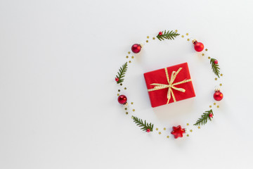 Christmas composition. Wreath gift bauble top view background with copy space for your text. Flat...