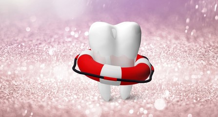 Big tooth and dentist mirror, medical concept