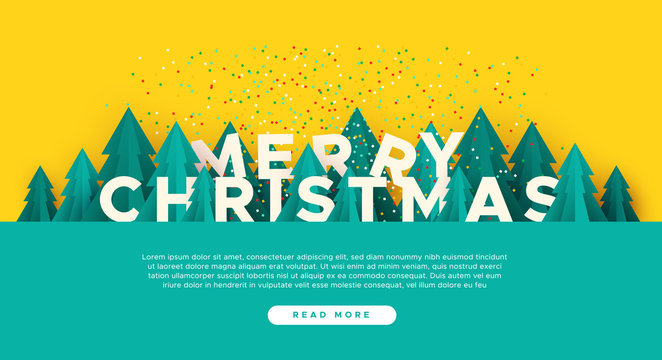 Merry Christmas web template paper cut pine tree