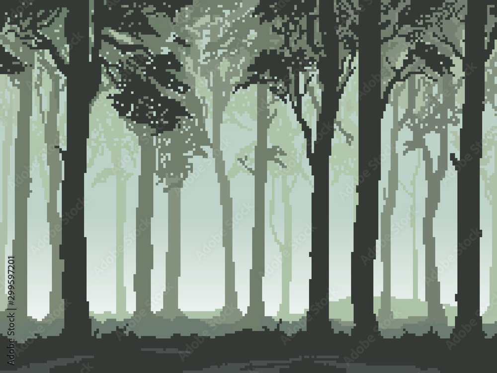 Aufkleber pixel background with forest for games and mobile applications. pixel art silhouette of forest. 8 bi