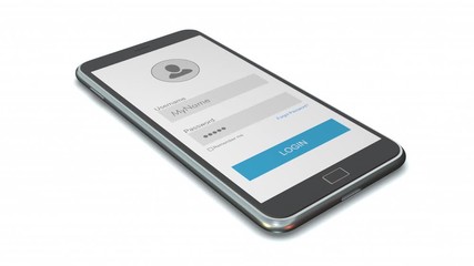 closeup view of a modern smartphone with a mobile app template for login, white background (3d render)
