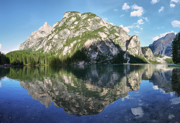 Naklejka na ściany i meble Braies mountain lake in the Dolomite Alps, Italy