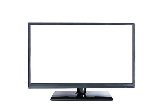 black LCD TV on a white background with free space. black monitor with white empty screen on white background