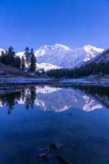 Cercles muraux Nanga Parbat Portrait view of the  Reflection of Fairy meadows during the sunset period with  Nanga parbat mountain range