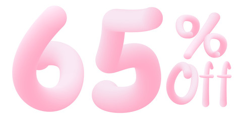 65% off Numbers made of chewing gum for design selling poster / banner promotion . Bubble Gum text. Isolated on white background. Vector 3d font . Discount tag , advertising , special offer .