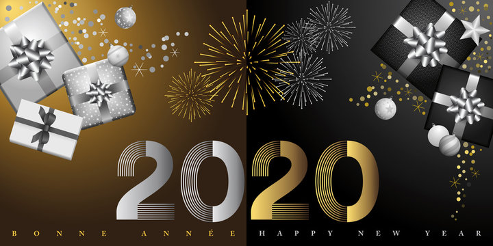 2020 - carte de voeux or, argent et noire décorée de feux d’artifices et de cadeaux - texte français anglais - traduction : bonne année.