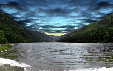 panoramic view to Glendalough Upper lake, Glenealo valley, Wicklow way, County Wicklow, Ireland