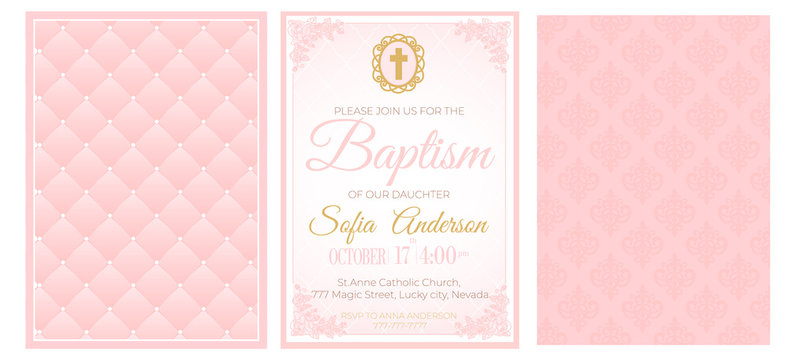 Baptism cute pink invitation template card. Set of illustration for baby girl christening ceremony, communion or confirmation. Little princess birthday, baby shower background. Blush soft rose color
