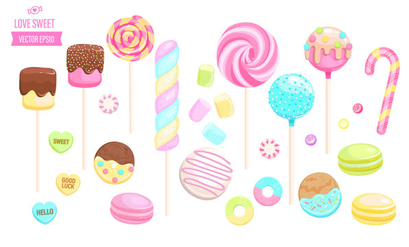 Set isolated sweets on white background-candy,macaroon,candy cane,lollipop,caramel,marmalade.Template for confectionery,sweet banner and poster,advertise for candyshop. Vector illustration