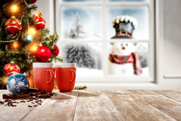 Winter window and christmas time. Free space for your decoration. 