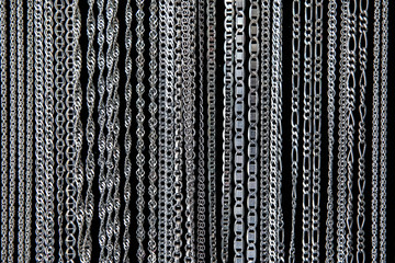 background of silver chain jewelry on black background 