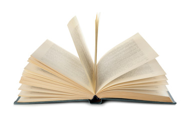 Open hardcover old book on white background
