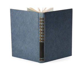 Open hardcover old book on white background