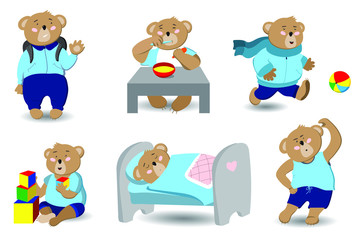 Cute baby bear does his own things: meets, eats, walks, plays, sleeps, trains. Usual daily routine for happy little boy. Set of the  isolated characters on white background in flat style