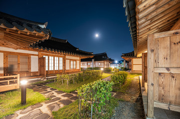 Architecture traditional wooden house illumination with blue sky at Ojuk Hanok Village, Gangwon-do