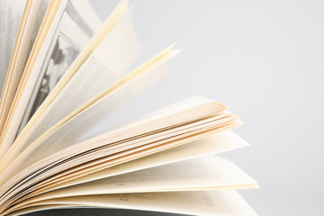Closeup view of open book on light background