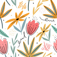 Decorative floral seamless pattern for print, textile, fabric. Hand drawn cute flowers background.