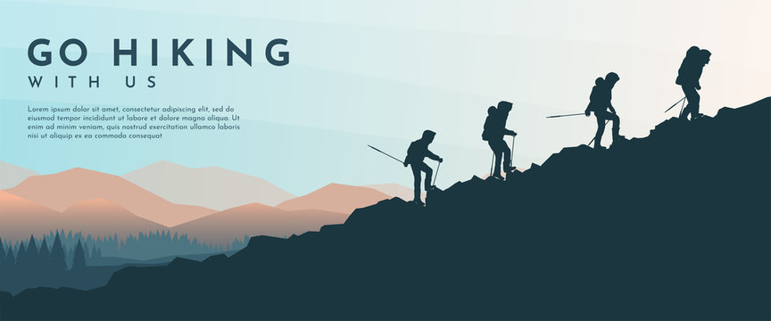 Vector template with tourists. Travel concept of discovering, exploring and observing nature. Hiking. Travelers climb with backpack and travel walking sticks. Website background. Flat landscape