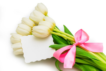 Bouquet of white tulips on a white background with a pink ribbon. Mockup. Flowers on a white background.