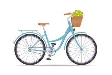 Fototapeta na wymiar Cute women s retro bike with a low frame and basket with flowers in front. Vintage bicycle. Vector illustration in flat style.