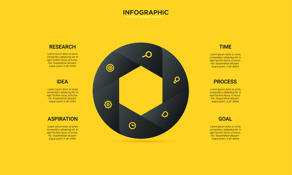 six hexagon black yellow options process chart slide template. Business data. Workflow, visualization, design. Creative concept for infographic, presentation, report, research, strategy, consulting.
