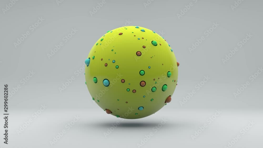Poster 3d animation of a large sphere and many colorful ones floating on its surface and changing the size.
