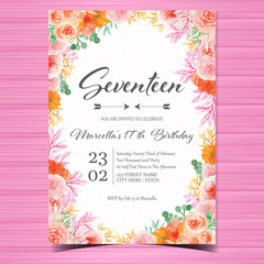birthday invitation card with gorgeous watercolor flowers