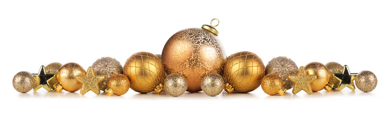 Christmas border of gold ornaments. Side view isolated on a white background.