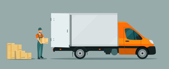 Worker loads boxes in a cargo van. Vector flat style illustration.