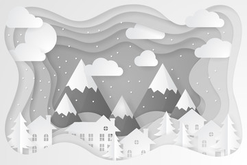 Obraz na płótnie Canvas Winter Landscape Background. Papercut vector design. Vector illustration