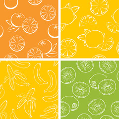 Set of fruits seamless patterns. Orange, lemon, banana and kiwi. Vector monochrome outline illustration of tropical  fruits.
