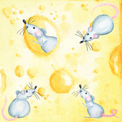 Christmas cheese with rat. Greeting card, poster, baner concept 2020. Watercolor drawing background piece of cheese yellow in color is mouse favorite food. Illustration symbol of Chineese new year